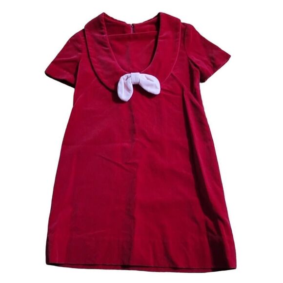 Red Velvet Scoop Neck Holiday Party Dress Retro Style Handmade Frock Girl SZ L - Picture 1 of 5